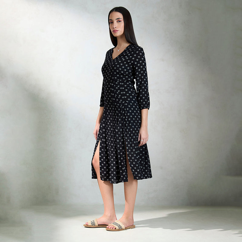 Virgio Damen Midilanges Blousonärmel Regular Fit V-Ausschnitt Kleid