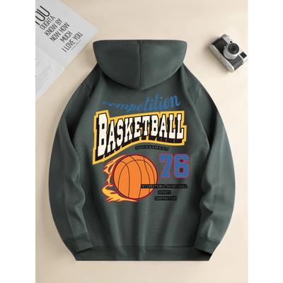 Men's Fashion Hoodie Casual Daily Drawstring Hooded Sweatshirt Basketball Print Front Kangaroo Pocket Men's Jacket Hoodies & Sweatshirts Men’s