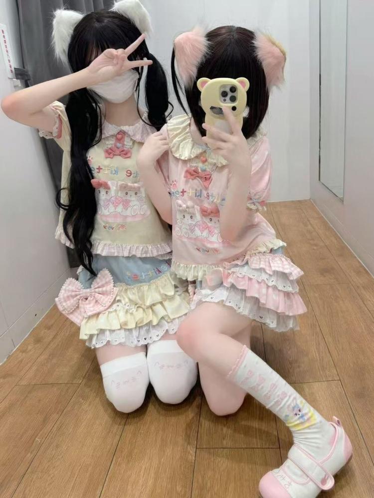 Japanese Kawaii T-shits Women Casual Y2k Crop Top Sweet Lolita Tees Design for Girls Clothing Short Sleeve T Shirts Outwear Chic