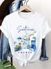 T-shirt Imprimé Santorini Grèce pour Femme Manches Courtes Col Rond Haut Décontracté avec Dôme Bleu et Verdure Luxuriante Souvenir de Voyage Printemps Été