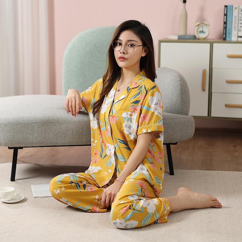 Cotton and silk pajamas women's spring and summer short-sleeved large-size suit spring and autumn thin cartoon printed loungewear