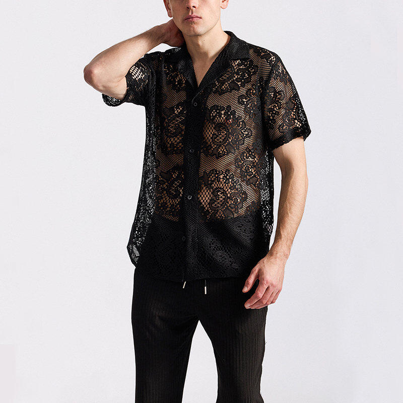 Men's Lace Short Sleeve Shirt Summer Casual Breathable Tops Fashionable Hundred Men's Tops