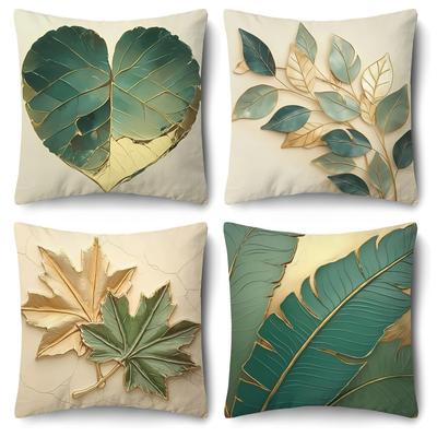 4 Pcs Double Sided Green Gold Leaf Cushion Covers, Luxury Botanical Geometric Throw Pillow Cases (No Inserts)