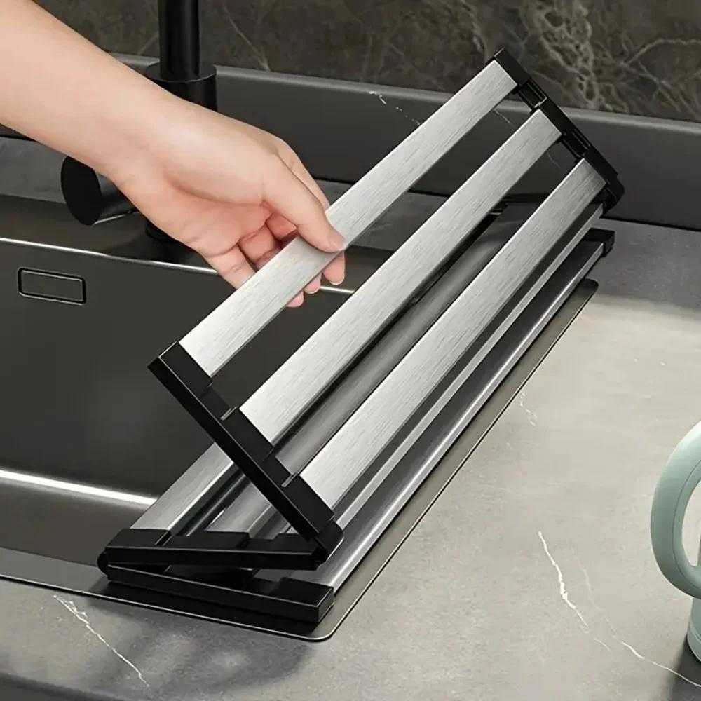304 Stainless Steel Kitchen Sink Drain Rack, Sink Bowl and Dish Storage Rack, Foldable and Retractable Drain Basket