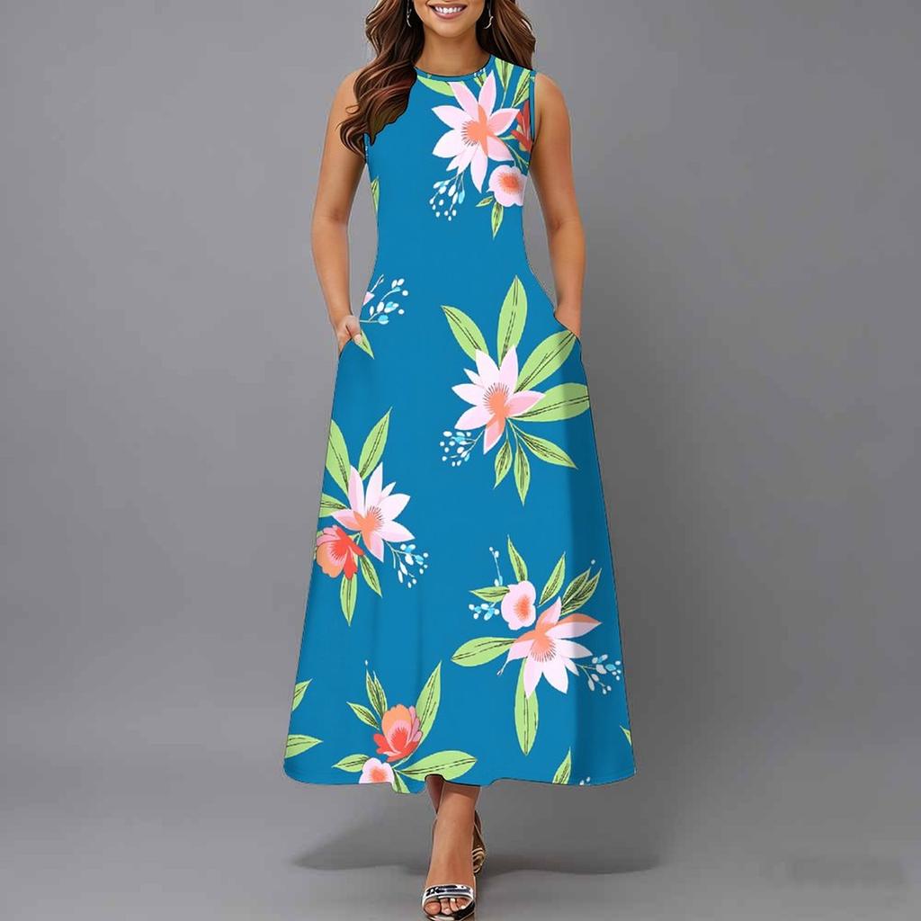 Oversized Female Sleeveless Round Neck Dress Fresh Tiny Floral Printed Loose Mid Length Outfit