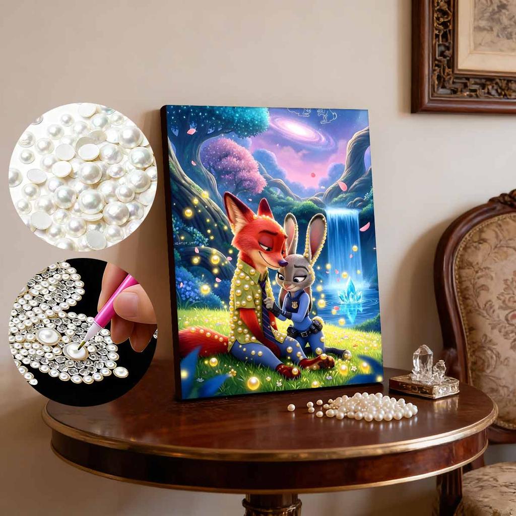 Disney Zoo Tycoon Starry Waterfall Decor with Judy and Nick the Fox Pearl Accents 5D Pearl Puzzle Embroidery Home Decor Handmade Gift