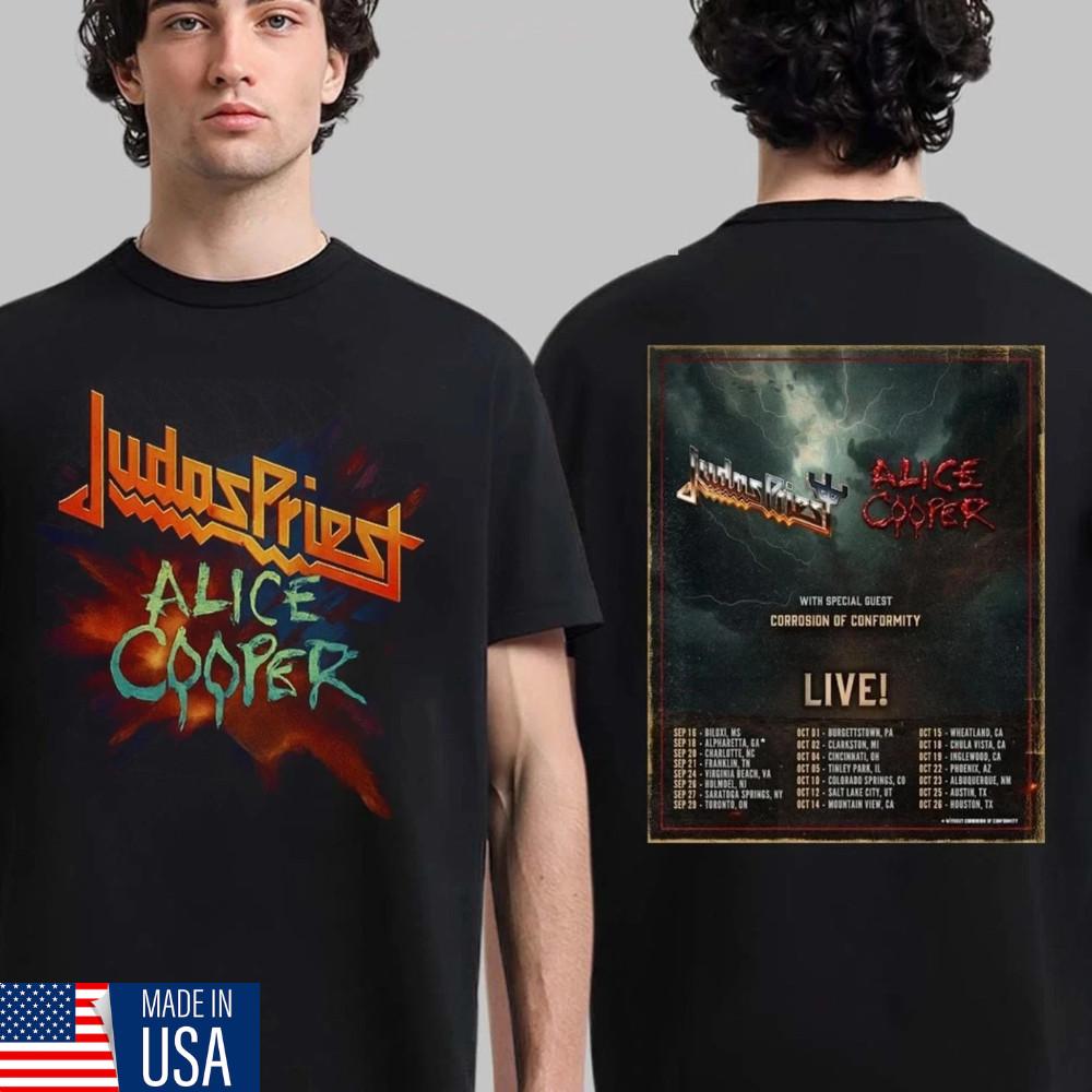T-shirt a doppia faccia con data del tour nordamericano 2025 di Judas Priest e Alice Cooper
