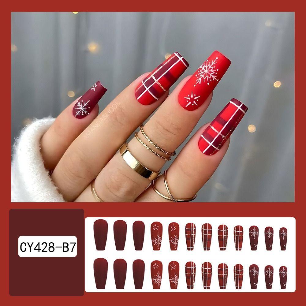 

Носимый маникюр Рождество Французские накладные ногти Полное покрытие Пресс на ногтях Балерина Накладные ногти Девушка