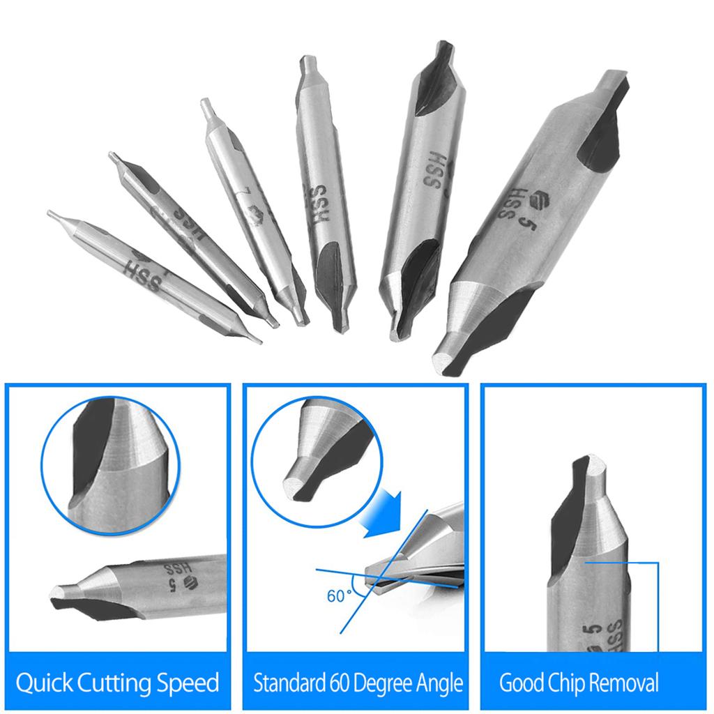 6pcs 1/1.5/2/2.5/3/5mm 60 Degree HSS Center Drill Bits Centering Drills Set
