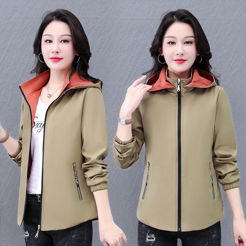 Reversible Hooded Jacket for Women: Spring/Autumn Slimming Cardigan with Detachable Hood, Flaw-Covering Design for Middle-Aged Mothers.