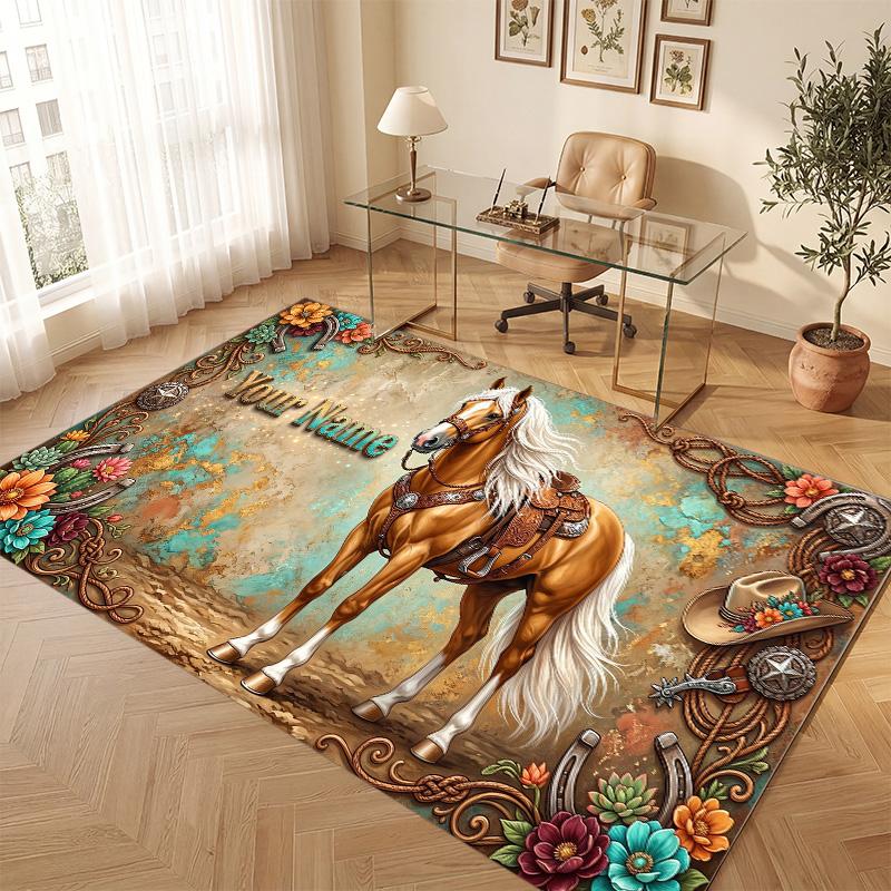 Horse Theme Soft Crystal Velvet Rug Custom Name & Text Print Non Slip Floor Rug for Bedroom Living Room