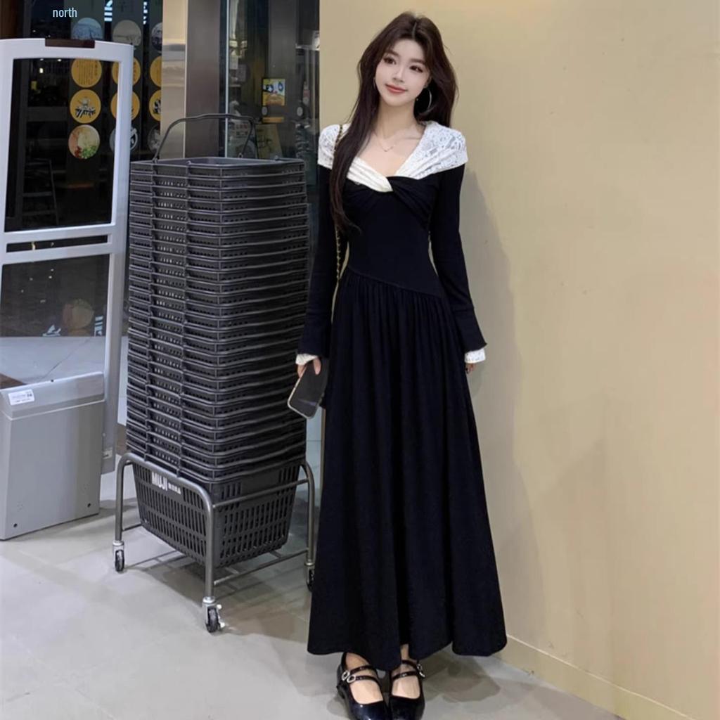 French Style Lace V-Neck Knot Dress: Contrasting Colors, Two-Wear A-Line Skirt for a Chic Autumn/Winter Look