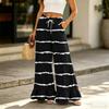 Women’s High Waist Wide Leg Pants with Drawstring and Pockets Loose Fit Striped Casual Long Trousers with Ruffle Hem for Everyday Wear