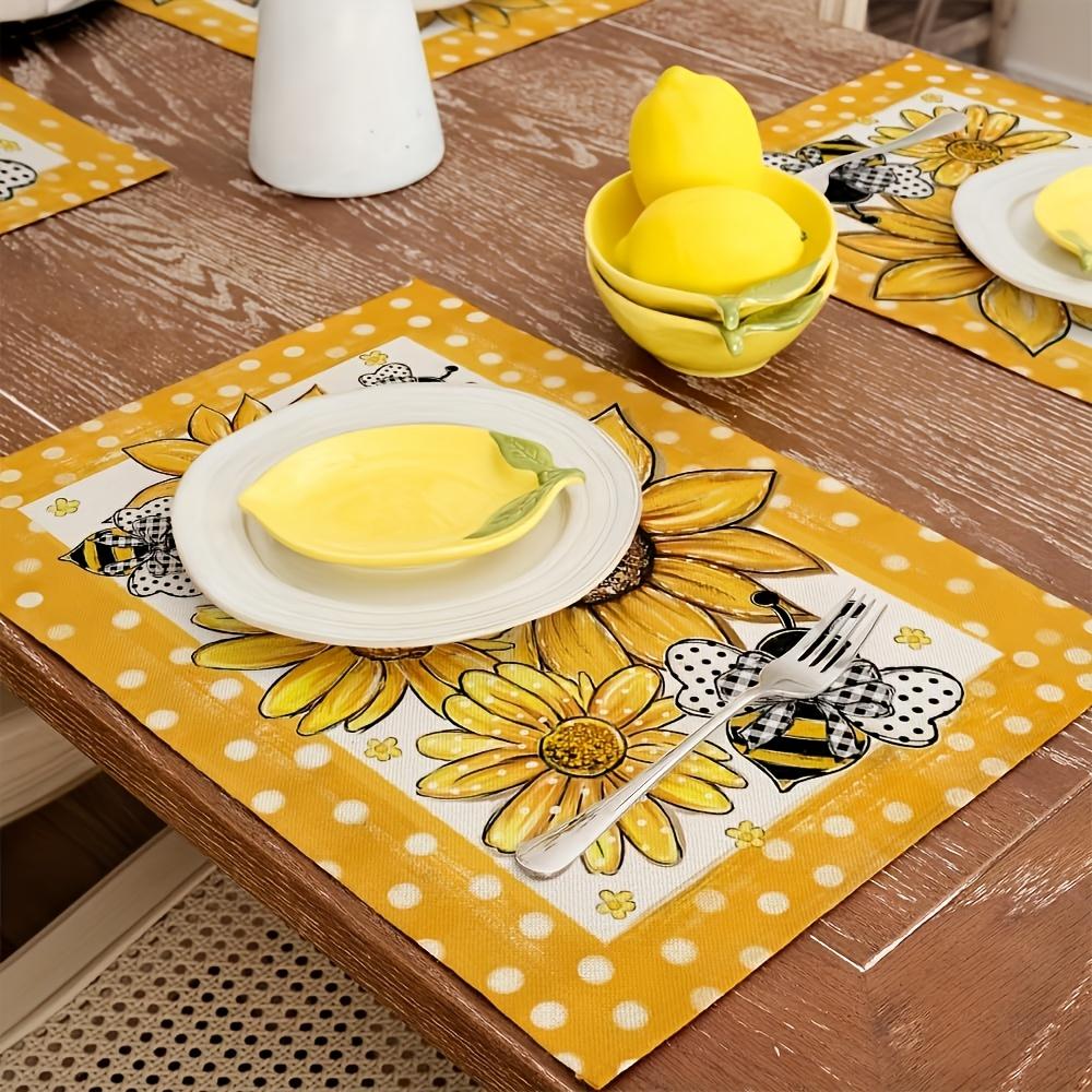 6pcs Set Summer Placemats Sunflower Bee Yellow Seasonal Farmhouse Polka Dot Indoor Kitchen Anniversary Dinner Mat Decor Home Party 12x18 inches
