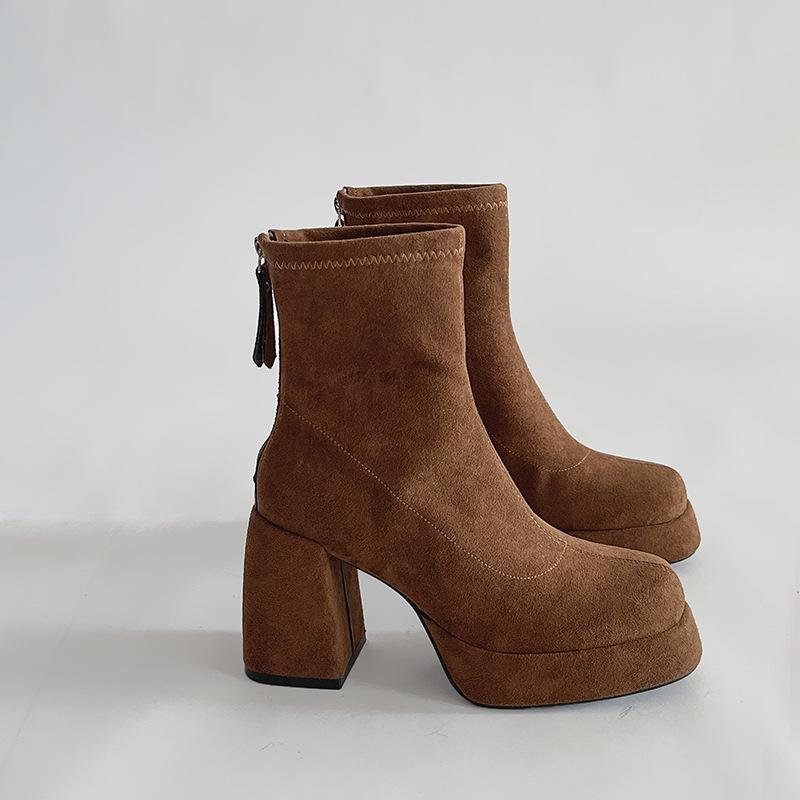 Fashion Autumn Women Ankle Boots Short Ladies Platform Square High Heels Female Shoes Fashion Solid Suede Chunky Heeled Botines Mujer