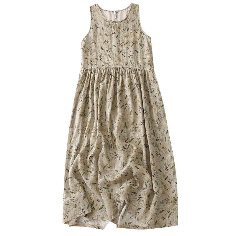Xin Xing 2025 Summer Floral Cotton Linen Sleeveless Long Dress