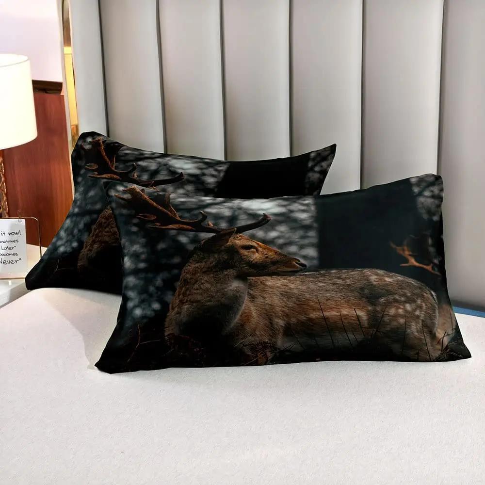 Elk Pattern Fitted Sheet with 2 Pillowcases Forest Deer Wild Animals Bedding Sets Kids Teens Bedroom Bed Cover King Queen Size