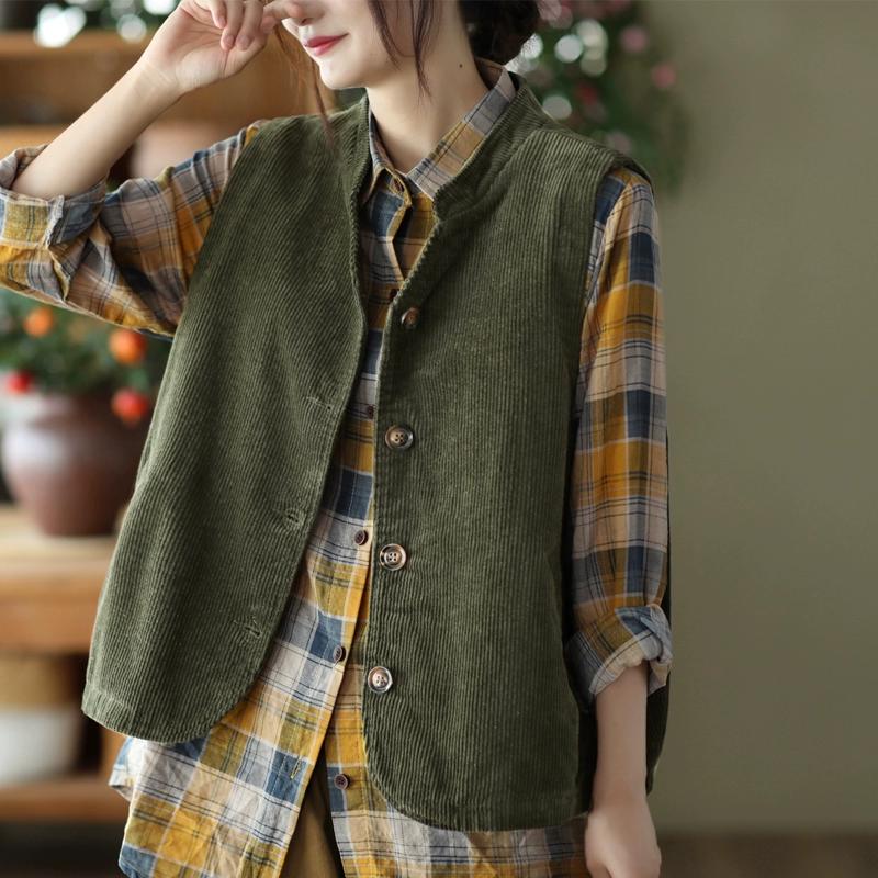 DIMANAF 2025 New Vest Short Corduroy Jacket  Autumn Sleeveless Retro Coat Buttons Women Solid