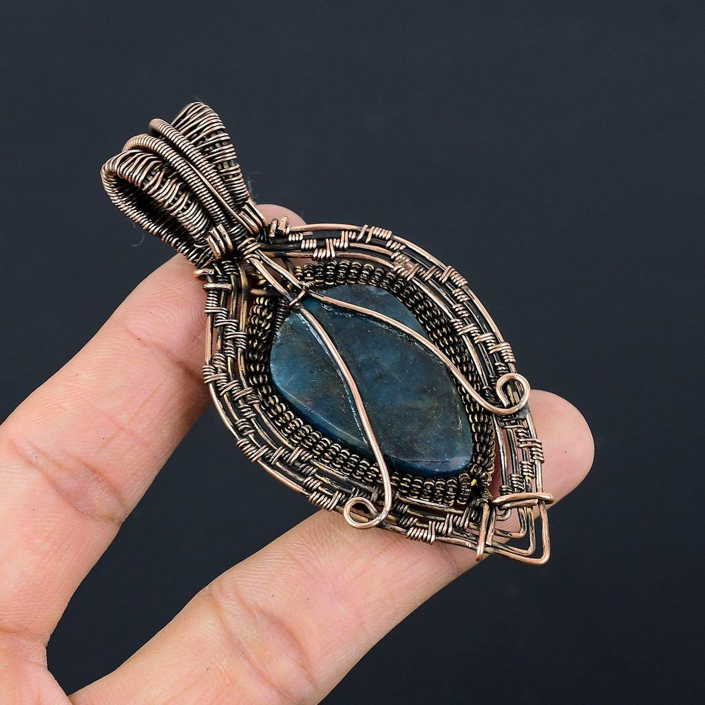 Neon Blue Apatite Gemstone Pendant 999 Copper Wire Wrapped Jewelry, Handmade Antique Pendant Jewelry, Gift For Mother