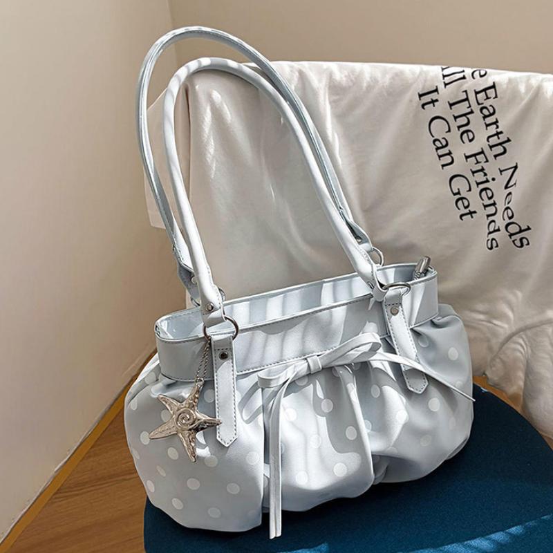 Polka Dot Ruched Shoulder Bag With Star Pendant Women Bow Decor Large Capacity Hobo Bag Retro Versatile Handbag For Daily Commut
