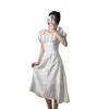 Japanese Floral New Bubble Sleeve Strap Medium and Long Dress Casual Style Light Color Dress Hanging Neck Square Collar Thin French Style