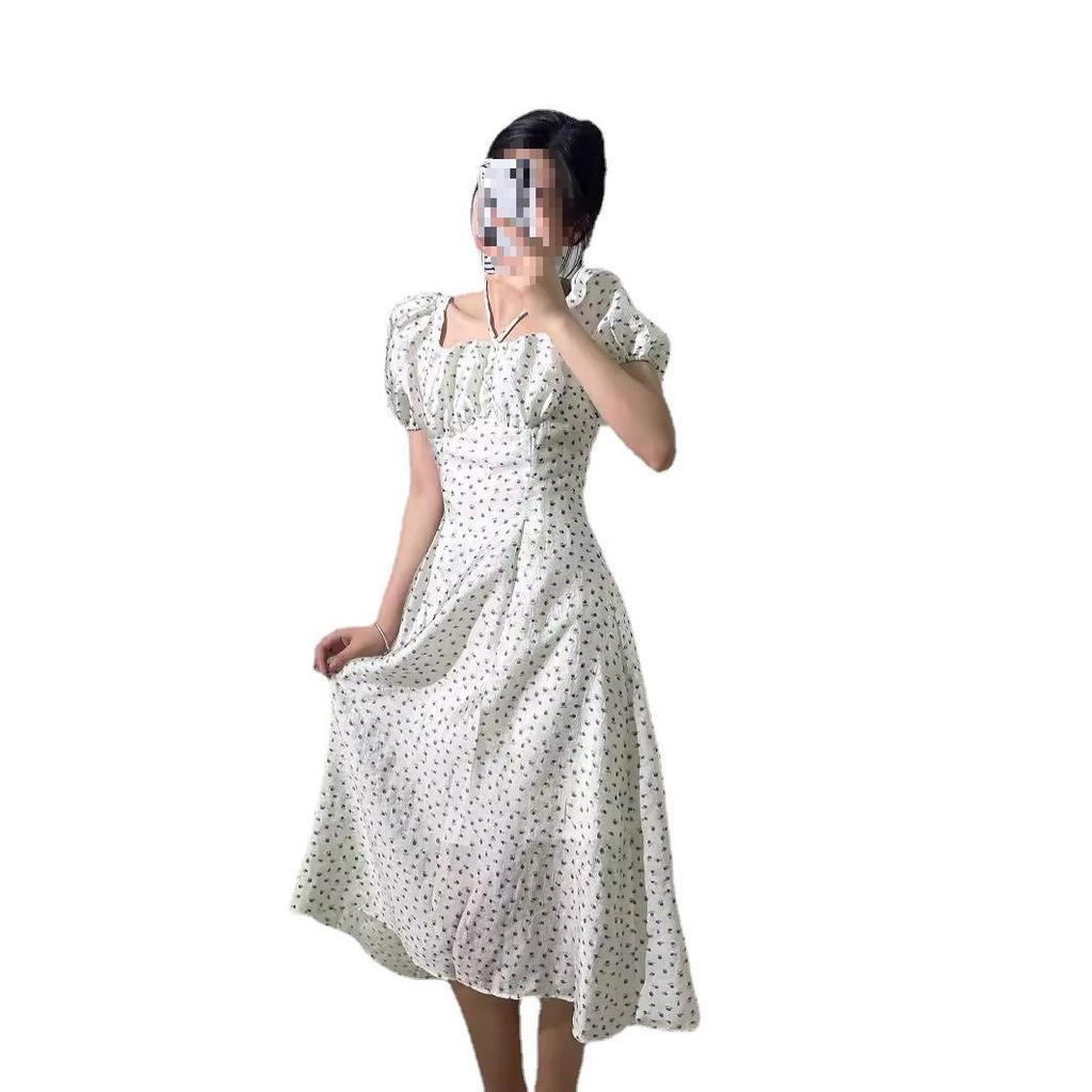 Japanese Floral New Bubble Sleeve Strap Medium and Long Dress Casual Style Light Color Dress Hanging Neck Square Collar Thin French Style