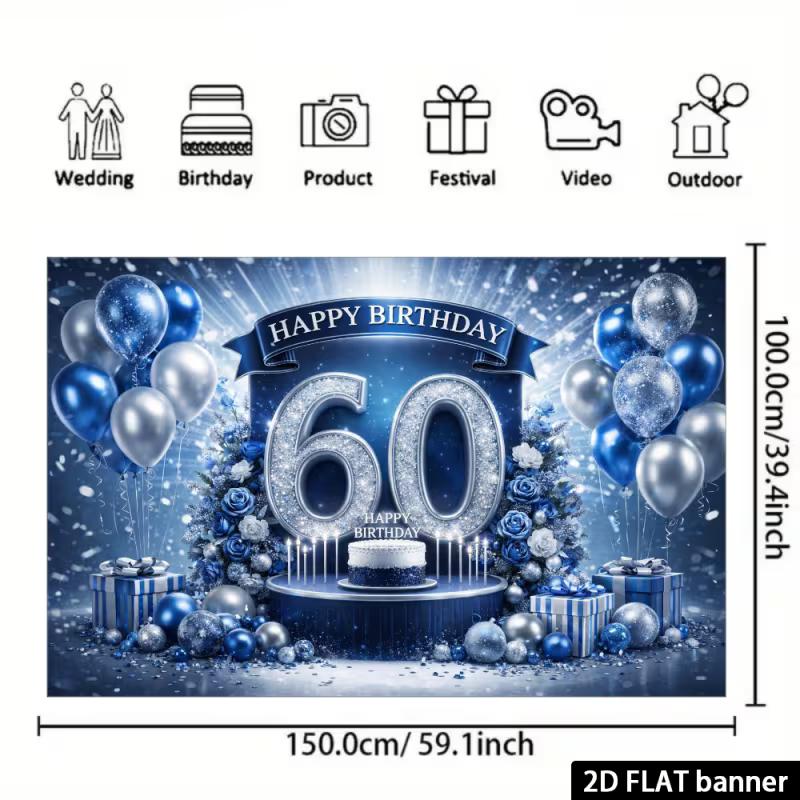 2D Blue Silver Birthday Banner, 60th Birthday Glitter Party & Live Background