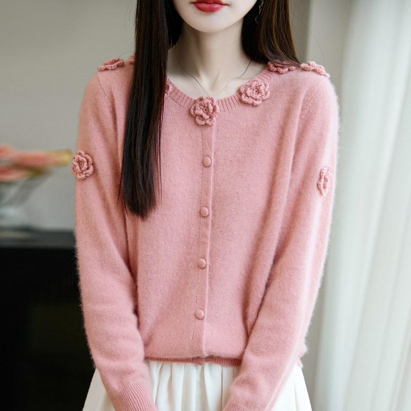 100% Wool Women's Hand-Crocheted Round Neck Cardigan - Nine Roses Sweater Coat for Autumn/Winter