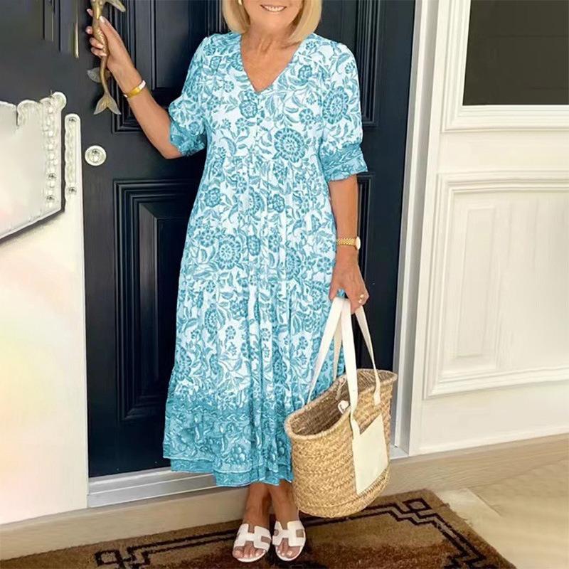 Summer Short Sleeve Print Floral Women's Dress Plus Size Fashion V Neck Elegant Loose Casual Dress Lady Vintage Sexy Club Dresses Female Clothes 25030