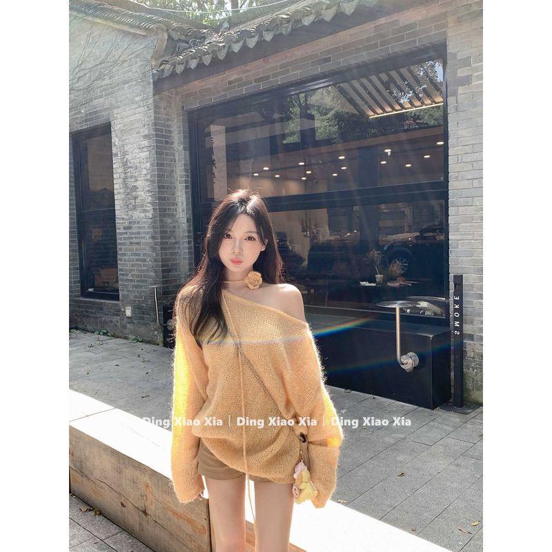 French Yellow Mohair Off-Shoulder Pullover Sweater for Women in Autumn and Winter, High-End, Lazy Style, Loose Long-Sleeved Top