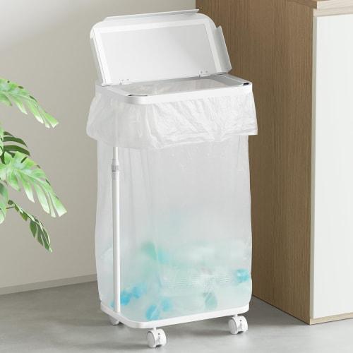 TTWO Garbage Bag Holder with Lid, Side-Opening, Height Adjustable, W33.5 x D22.5 x H (47.5-81 cm), Slim Garbage Bag Stand, Fits 20L-90L, Large Capacit