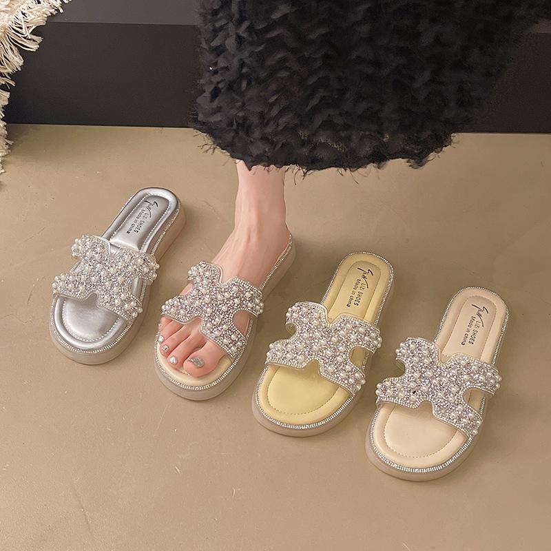 Slope heel thick bottom beautiful cool slippers women's summer wear 2025 new with skirt flat bottom seaside beach one-word drag