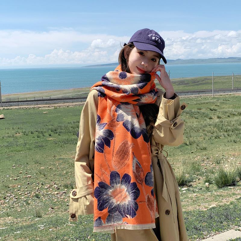 Yunnan Travel Wear Imitation Cashmere Scarf Women's New Flower Warm Fashion Large Shawl Photo Versatile Scarf