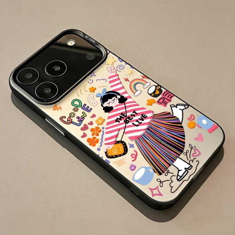 Cute Cartoon Girl Phone Case, Colorful Graffiti Art Mirror Surface Cover, Shockproof Protective Case