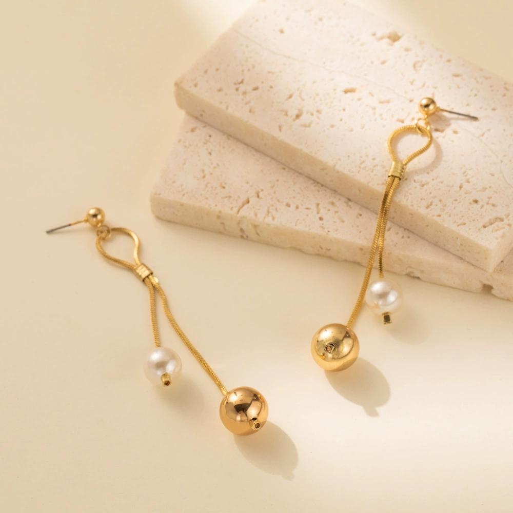 Gold Color Tassels Earring Creative Imitation Pearl Splicing Copper Long Chain Earrings Women Girls Vintage Minimalist Jewelry
