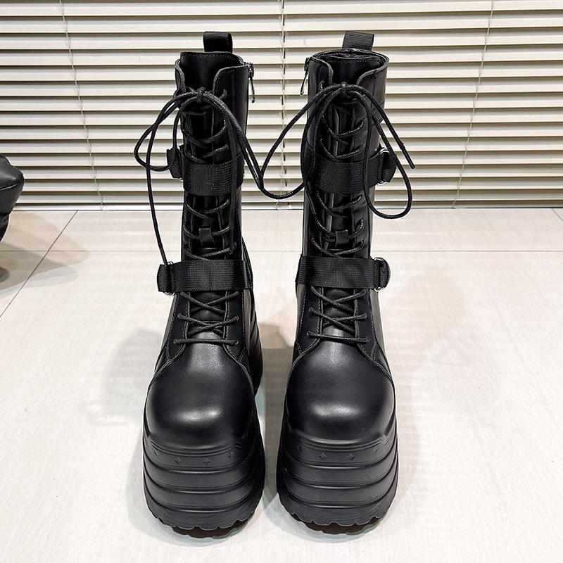 Fashion 17CM High Platform Gothic Boots Buckle Autumn Winter Leather Shoes Punk Street Cosplay Mid-calf Boots Motorcycle Short Botas