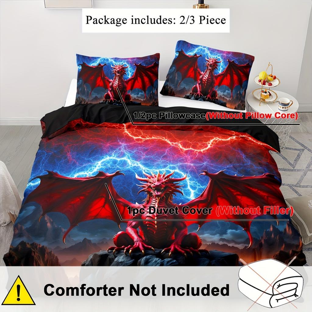 Red Dragon Duvet Cover Set: Ancient Wild Dragon Pattern Bedding, 3D Dragon Double Bed Set, Western Dragon Double Bed Set