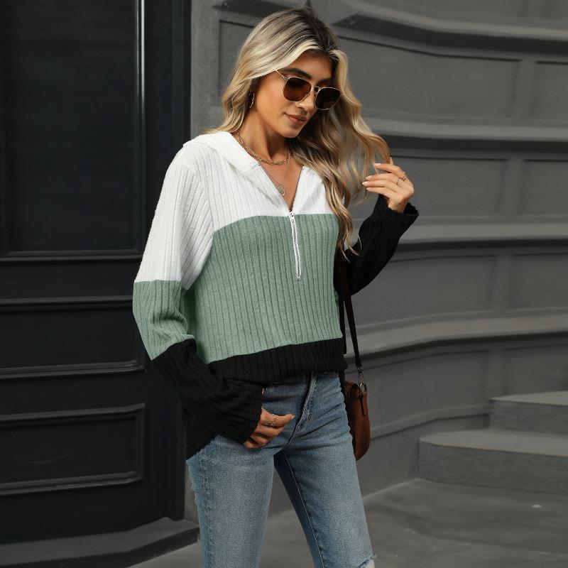 New Loose Color Splicing Zipper Hooded Long Sleeved Blouse Autumn and Winter Top Women Casual Simple Fashion Elegant Office Women's Clothing