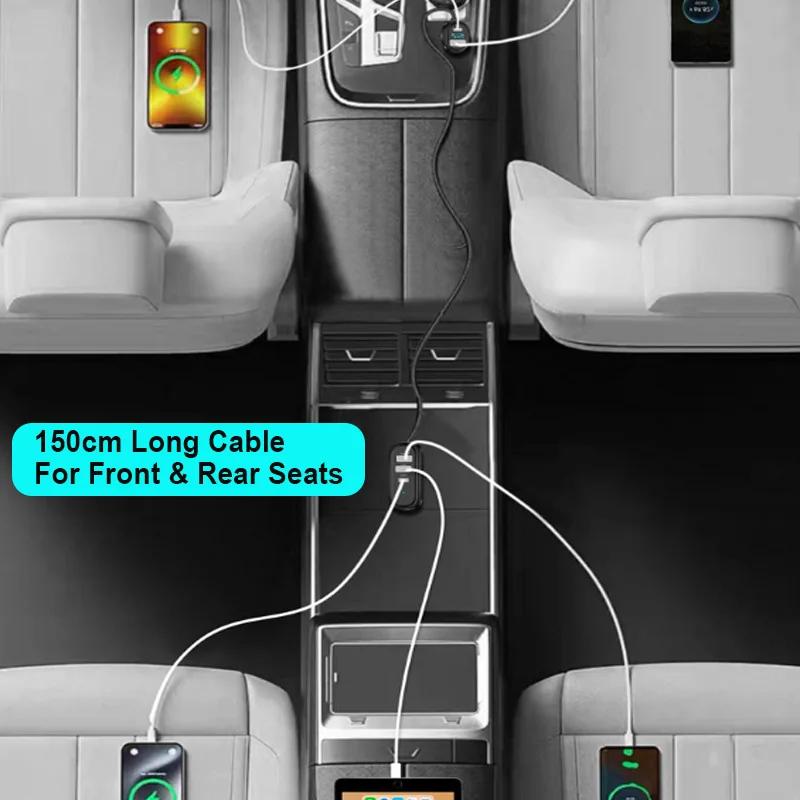 5 Ports 127W Max Car Phone Charger 66W Super Charging Dual USB+Type C with 150CM Long Cable for Front/Rear Seat DC 12V/24V