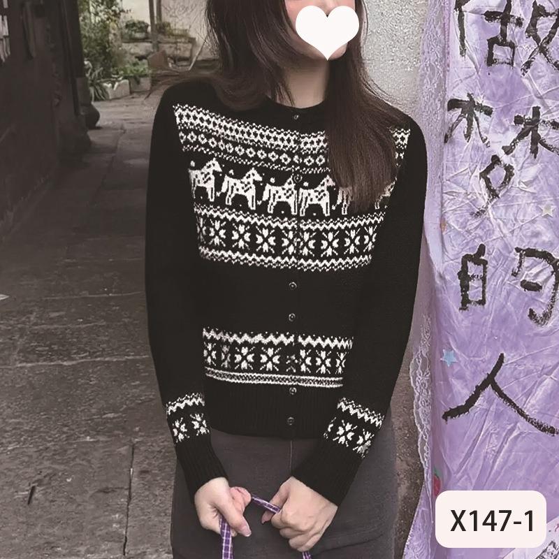 Fair Isle Retro Slim Sweater Coat Autumn and Winter Round Neck Jacquard Knitted Cardigan for Women onesize