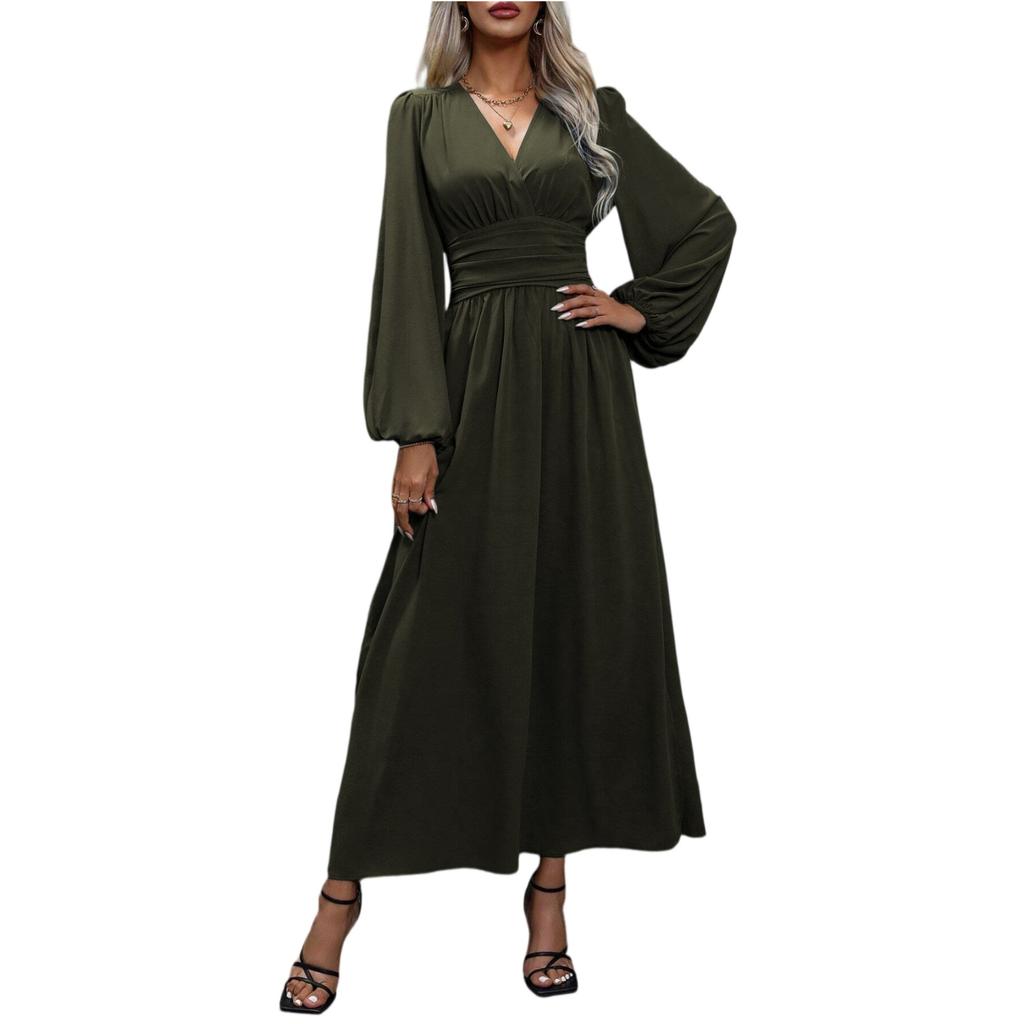 Women's Fashionable Color V-neck Long Sleeved Slit Dress