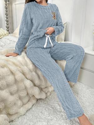 Zesílené coral fleece plyšové pyžamo pro ženy - Dlouhý rukáv s kulatým výstřihem, Set kalhot, Teplá souprava, Pohodlný ležérní outfit pro podzim a zimu