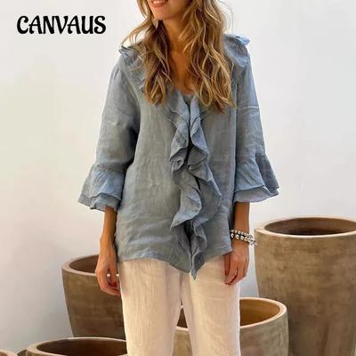 Spring and Autumn Women's Plus Size Solid Color V-Neck Seven Flying Sleeve Ruffle Single Row Multi-button Curved Hem Shirt