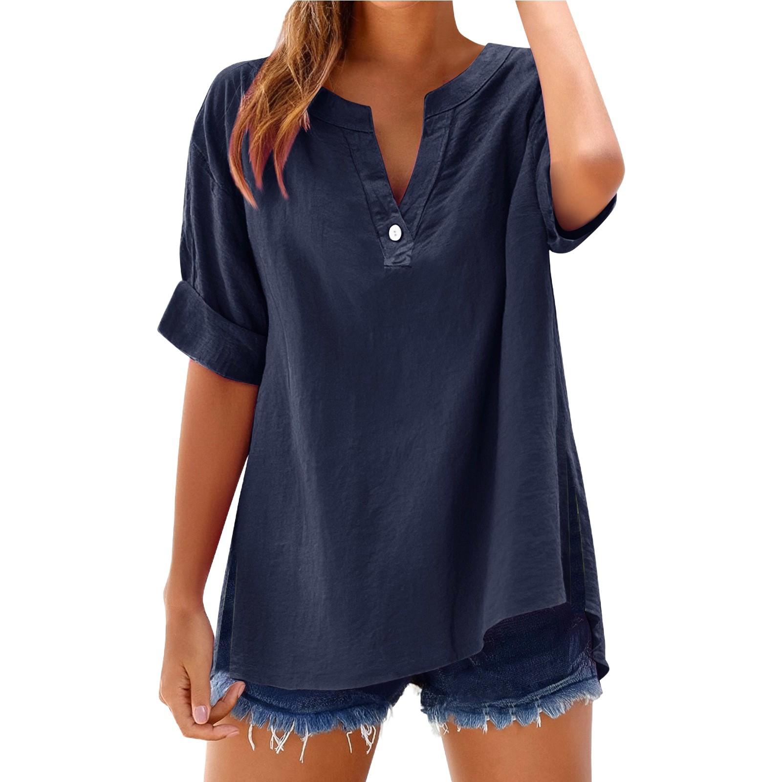 

Women s Summer Tops Fashion Button Large Size Cotton and Linen Shirts M темно-синього кольору