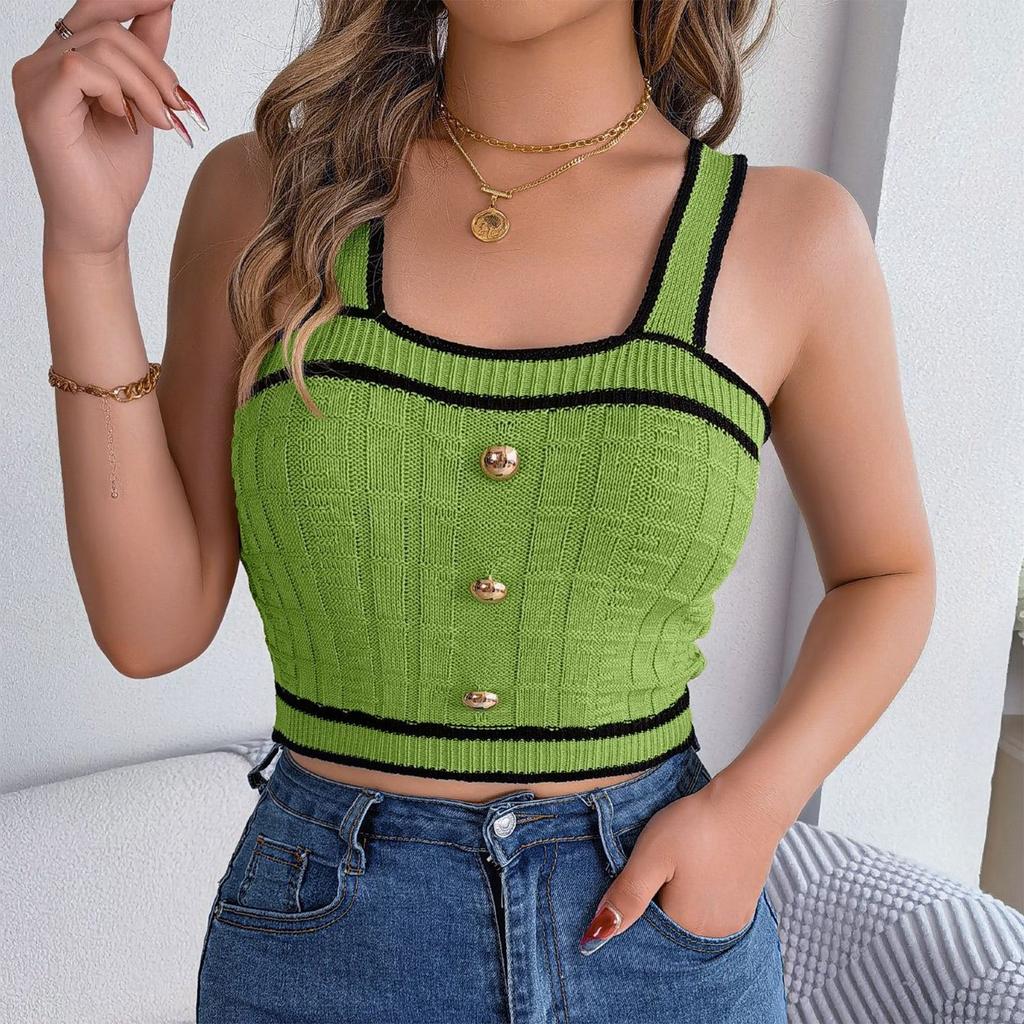 Women's Fashion Casual Contrast Color Square Neck Button Bare Navel Sleeveless Sweater Vacation Top