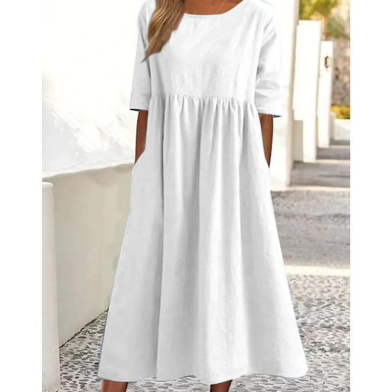 Summer Casual Short Sleeve Women Pocket Long Dress Fashion Elegant Plus Size Pleated Loose Crew Neck A-line Party Dresses Office Women Clothing