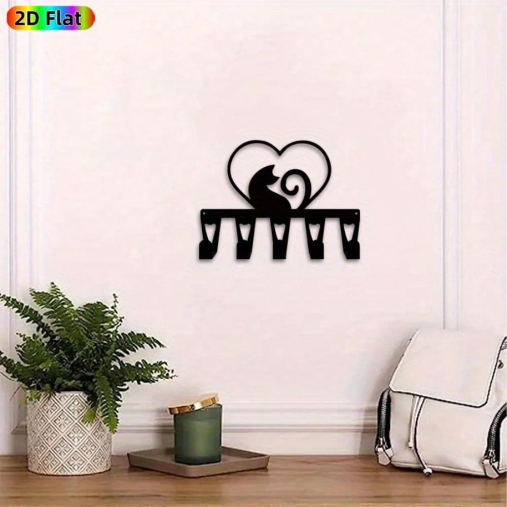 Modern Cat Love Keychain Metal Wall Decor with 5 Hooks Minimalist Style Durable Iron for Entryway Bedroom Hallway Storage