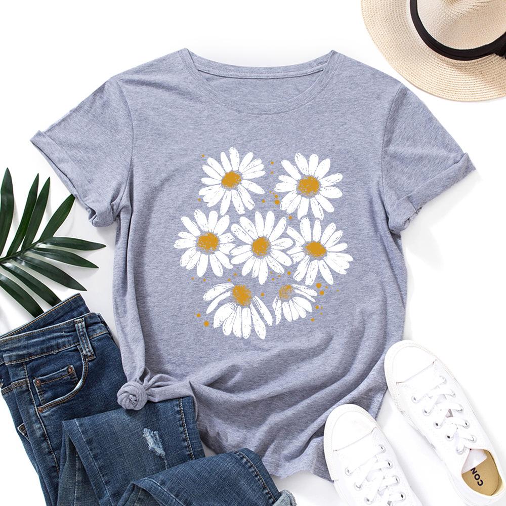 Casual Flowers Cotton T-Shirt Short Sleeve Round Neck Women 2d Print Tops