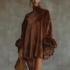 In Stock, New Independent Site Gold Velvet with Leopard Print Turtleneck Dress