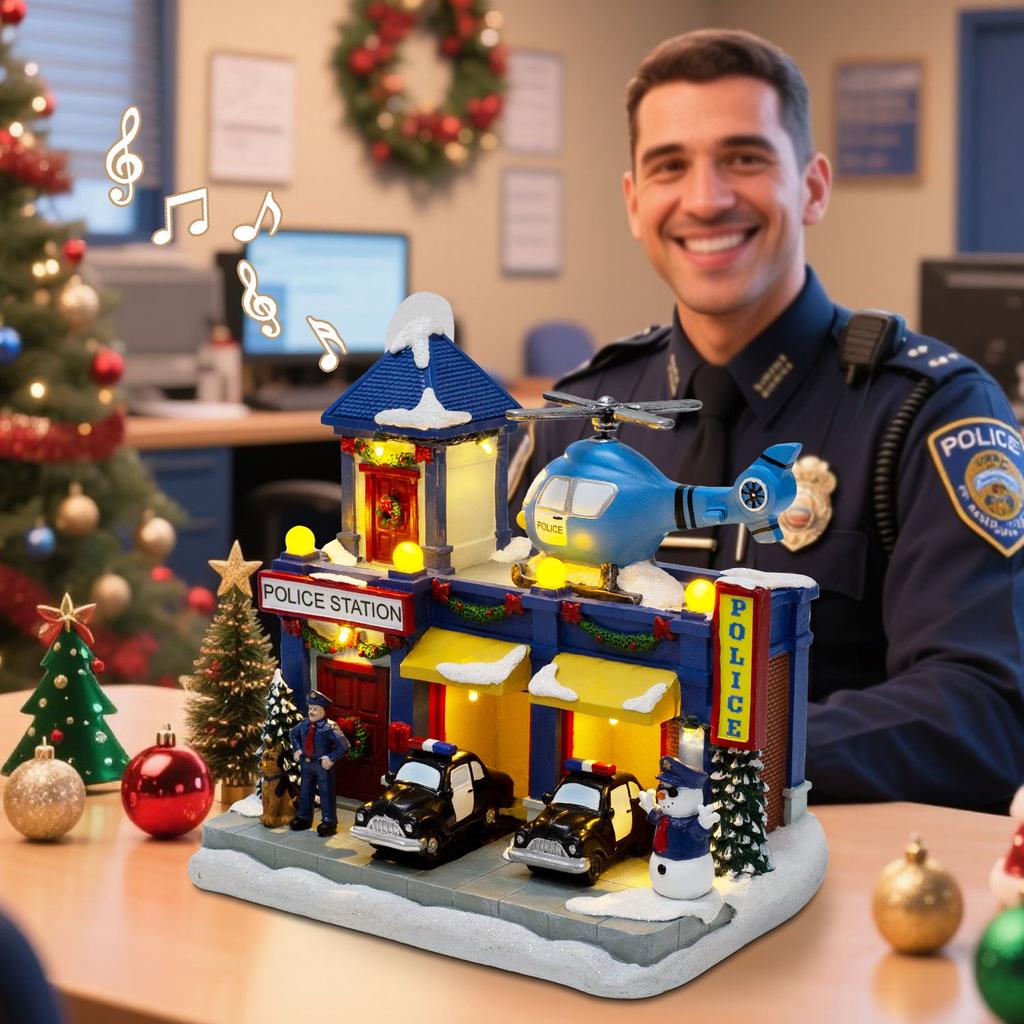 Animated Christmas Village Police Station Lighted Musical with Moving Car & Rotating Helicopter Collectible Building for Holiday